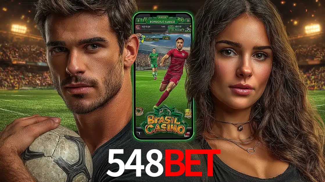 Homem segurando uma bola de futebol e uma mulher ao lado de um smartphone exibindo o jogo de apostas esportivas da 548BET. Faça seu palpite no cassino online.